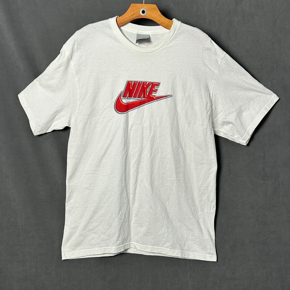 Vintage Y2K Nike Big Red Swoosh T-Shirt Mens Size L White Graphic Crewneck Tee